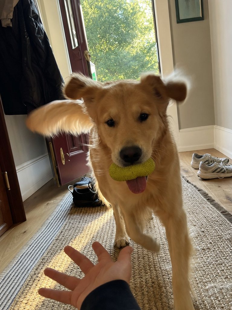 A golden retriever trotting to greet its owner at the front door with a squeaky toy