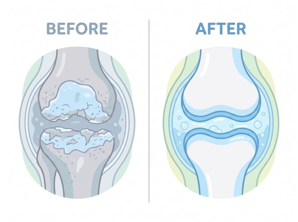 Illustration comparing worn joint cartilage to healthy, cushioned joint cartilage